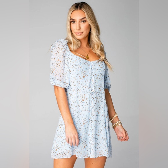 Buddy Love Blue Puff Sleeve Star Print Mini Dress Womens M Blogger Favorite - Picture 1 of 7